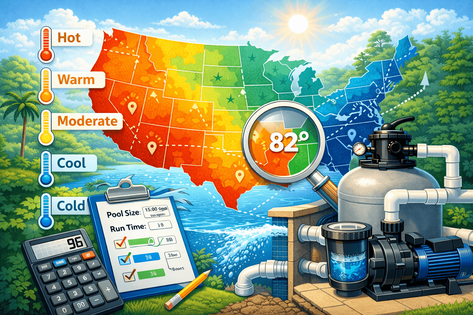 Climate optimization map showing how PoolPumpCalc adapts to different US climate zones