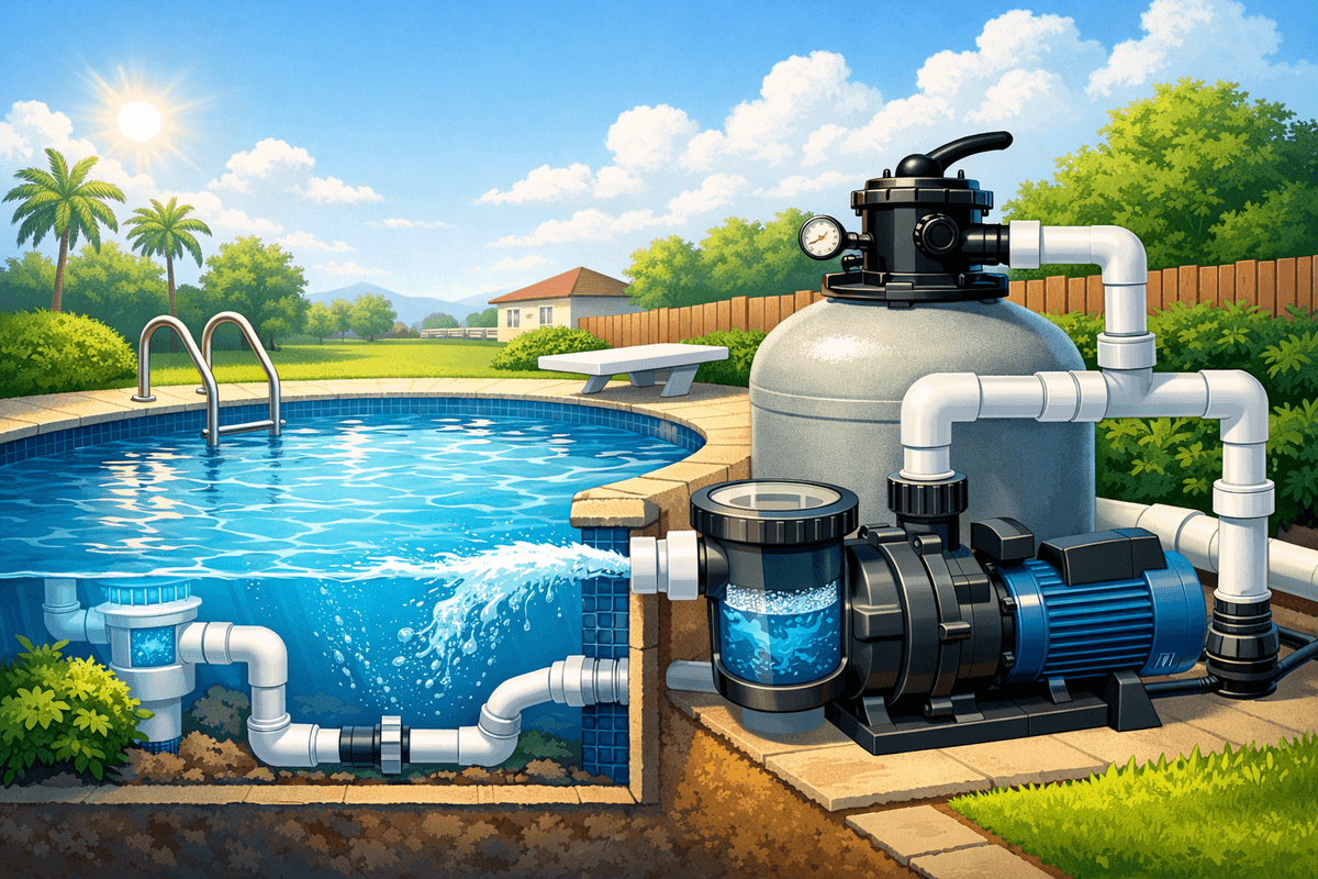 Pool pump and pool illustration representing PoolPumpCalc's mission